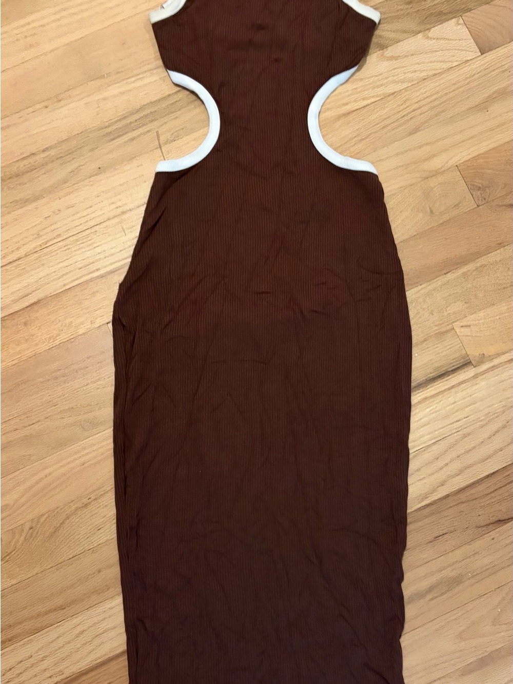 Sleeveless Brown Cutout Bodycon Dress with White Trim